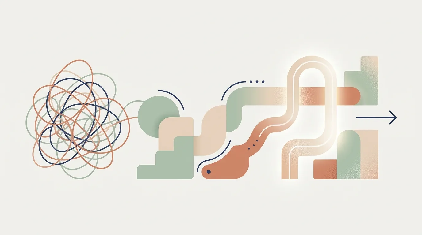 Ilustração conceitual abstrata mostrando linhas emaranhadas que se transformam em caminhos organizados e claros, simbolizando o passo a passo e a organização de ideias na primeira sessão de t