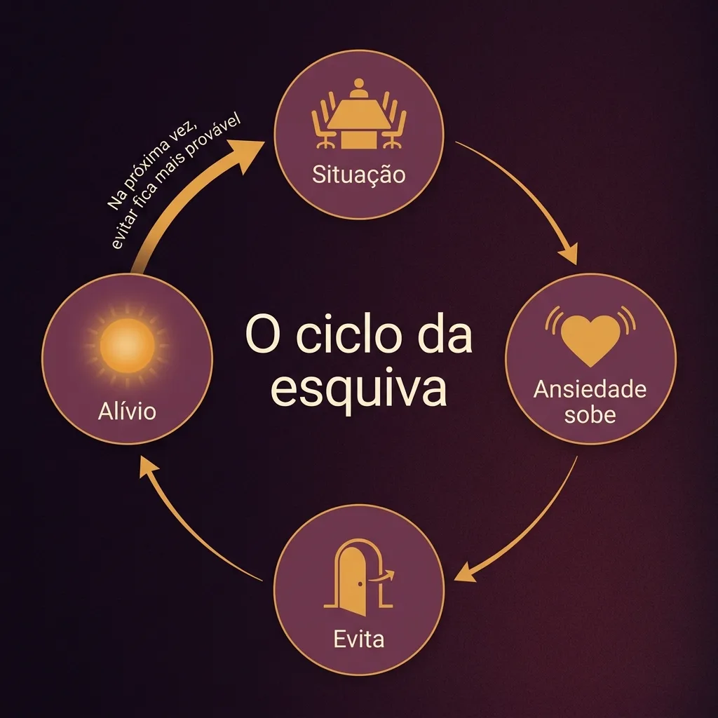 Ciclo em quatro etapas: situação, ansiedade sobe, evita, alívio; o alívio leva de volta à situação, com evitar mais provável.